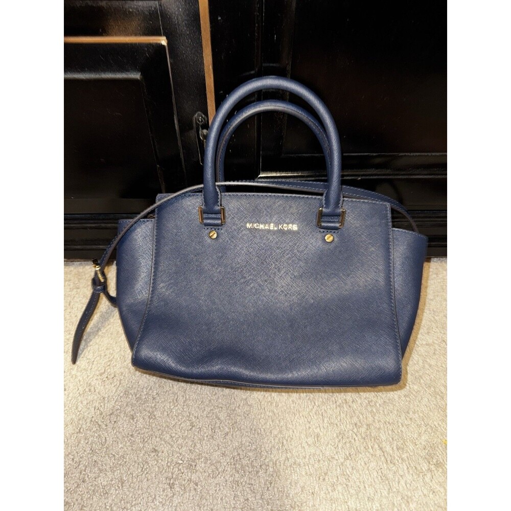 Michael Kors Selma Leather Nautical Navy Messenger Tote Bag